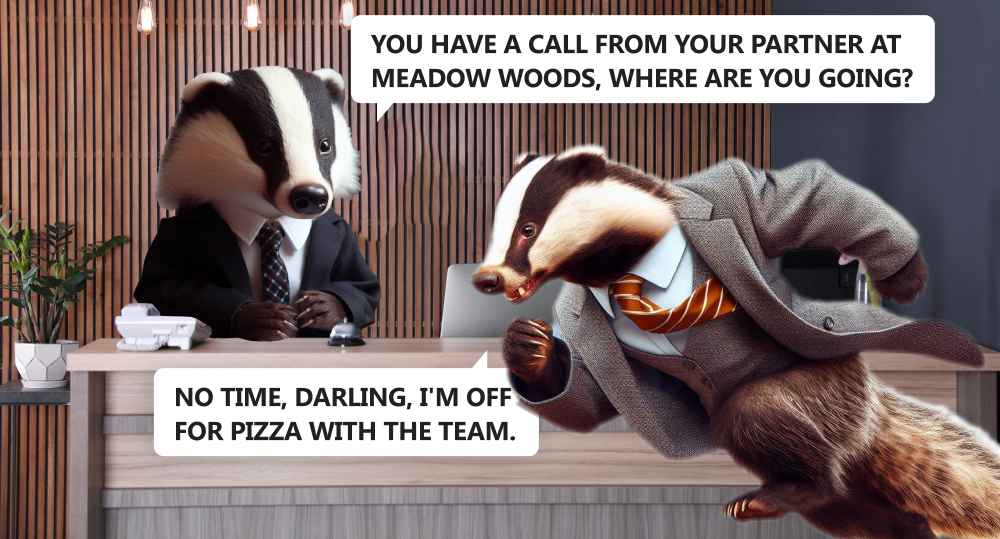Secretary badger asks where second badger is running to when its partner calls it, second badger is in hurry for pizza with coworkers