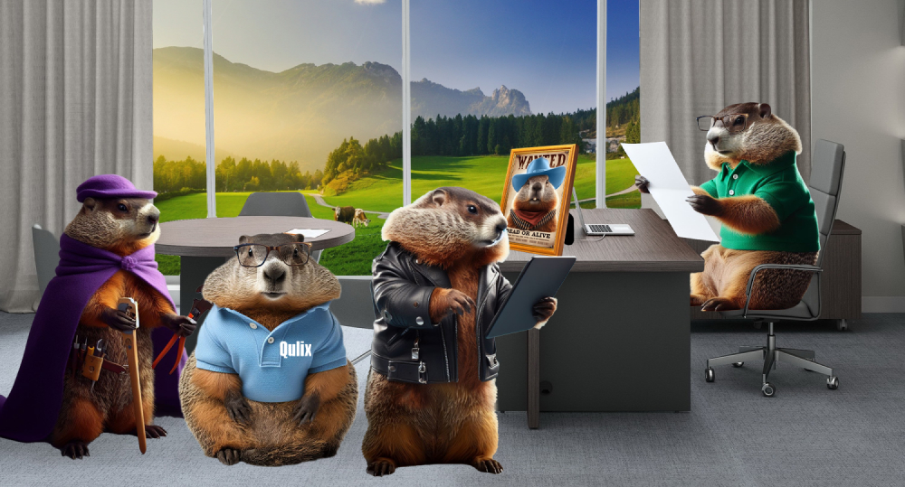 marmot in green shirt sit in office in chair hold requirements list and interview other marmots to hire software developers for startup