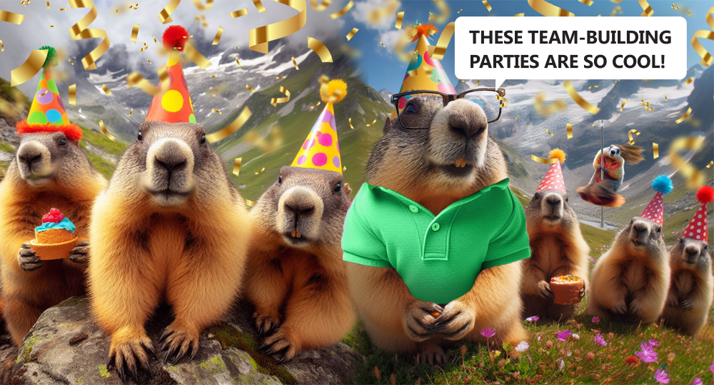 happy marmots in party hats take part in team building activities in alpine meadows