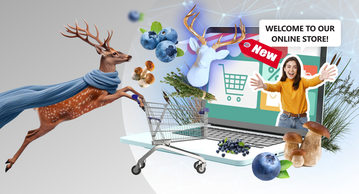 deer in blue scarf with shopping cart rush towards online store full of berries mushrooms grass antlers where girl with dark hair in yellow sweater greet buyers and show how to use generative ai in ecommerce