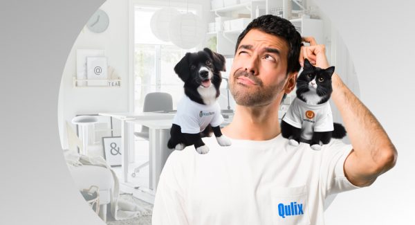 Man wondering which is better Umbraco vs WordPress, cat in t-shirt with Umbraco logo and dog in t-shirt with WordPress logo sitting on his shoulders