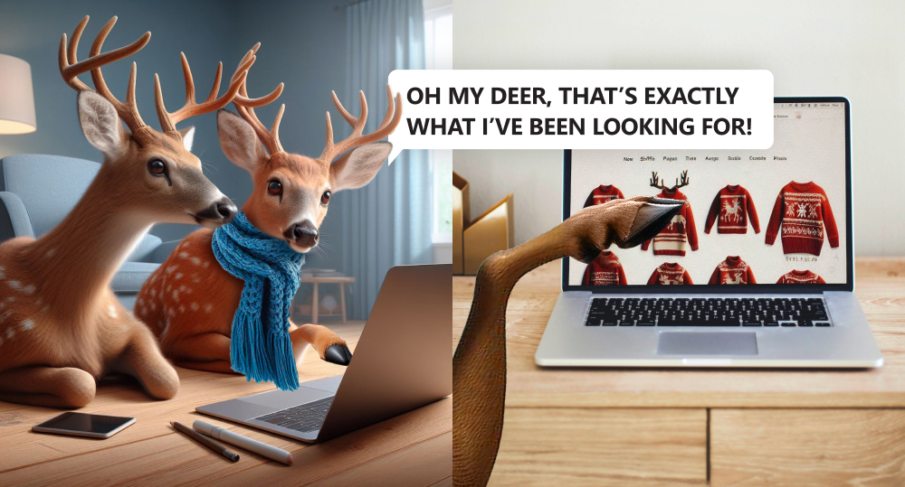 two deer sit in front of laptop and see personalized selection of sweators offered by generative ai ecommerce models 
