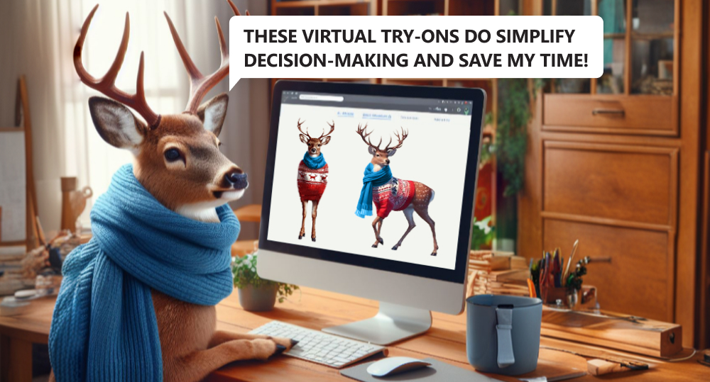 deer in blue scarf sit in front of computer screen try on red sweater in virtual fitting room built with virtual reality and generative ai ecommerce tools