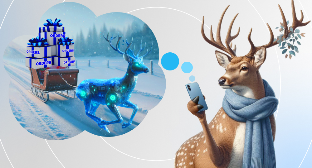 reindeer in blue scarf look at smartphone to track delivery in ecommerce store powered with generative ai models