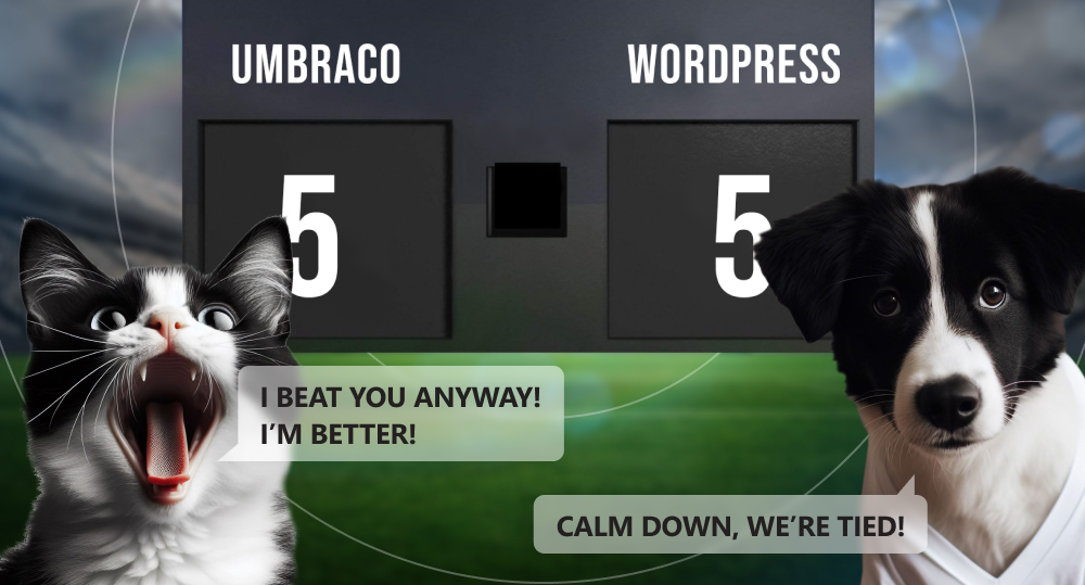 Cat and dog argue over who won Umbraco vs. WordPress game, scoreboard reads 5-5 on background 
