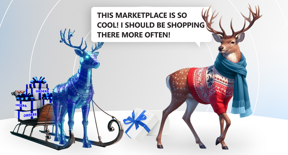 digitalized deer with sleigh stand behind deer in blue scarf and red sweater satisfied with shopping on e commerce websites enhanced by genai