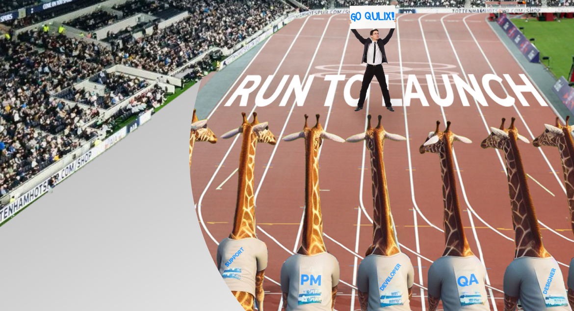 Giraffes in the stadium getting ready for a run - software product development process, with a man standing on field holding motivational banner that reads "Go Qulix"