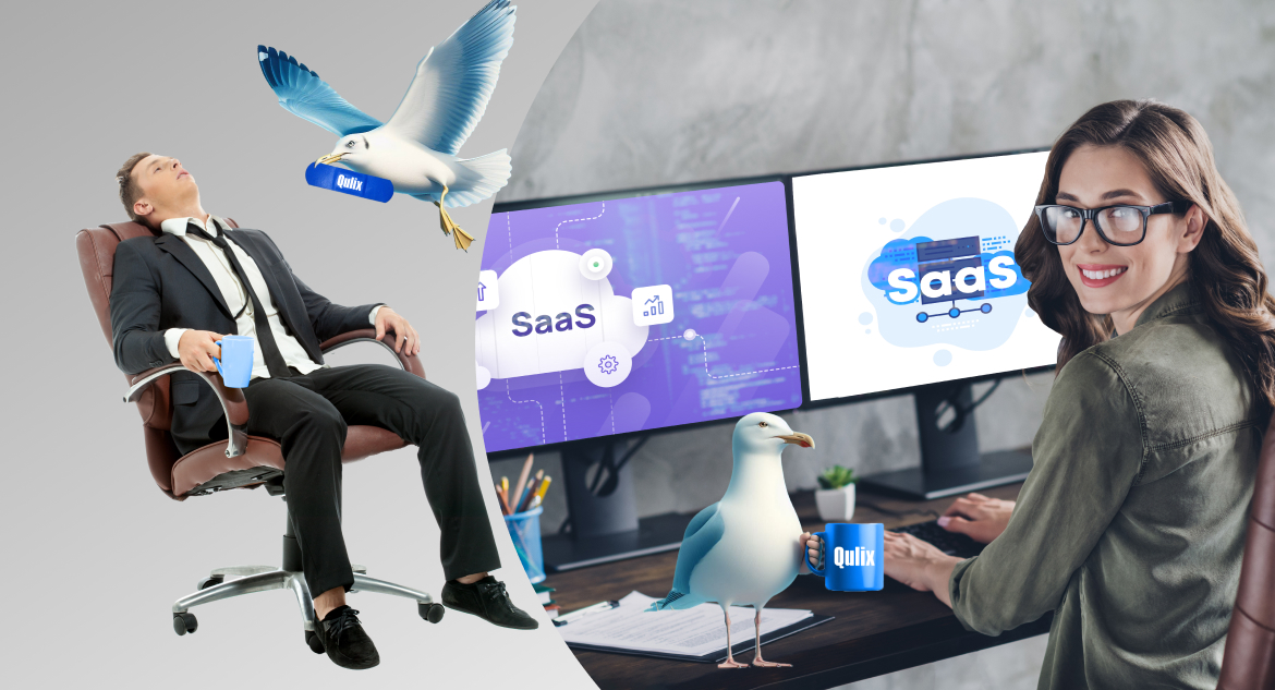 Tired man sitting in armchair, seagull with band-aid flying to him, successful woman sitting at her computer and working on SaaS product development
