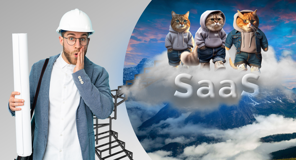 three cats programmers in hoodies reach cloud by climbing up SaaS framework while man in white t shirt blue shirt hard hat and glasses surprisingly look at them