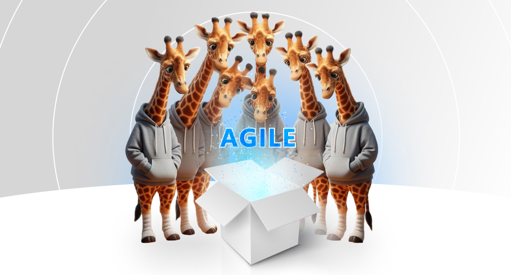 Team of giraffes gathering around a box with a secret component of development - word agile