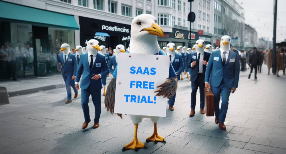 Seagull standing on street with poster saying saas free trial