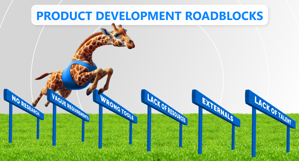 Infographics of product development challenges or roadblocks with giraffe jumping over obstacles