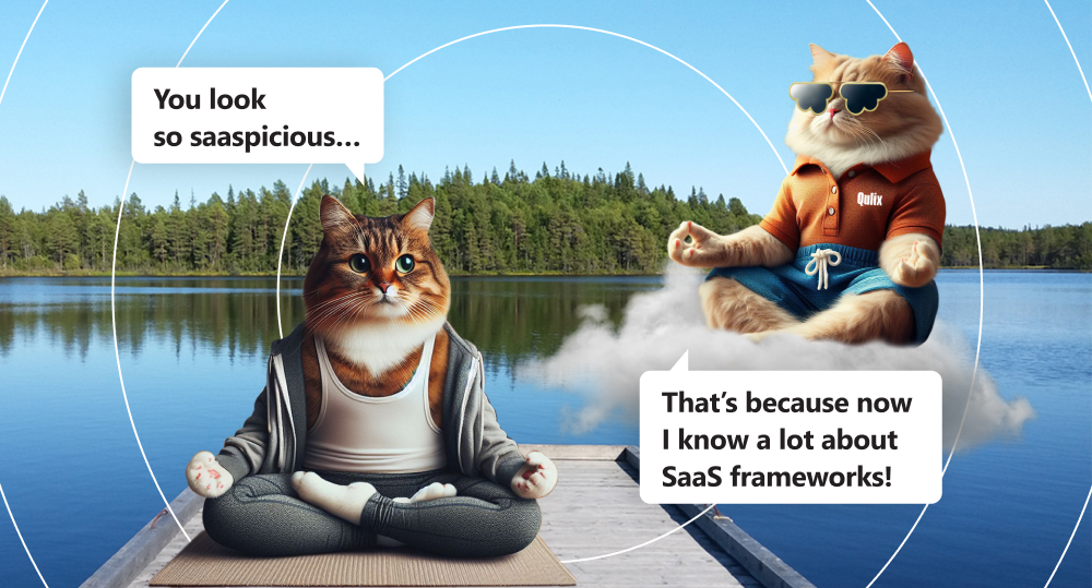 cat with green eyes sit cross legged near lake and forest in yoga suit and look at other cat sitting on cloud in brown t shirt and cloud shaped sunglasses 