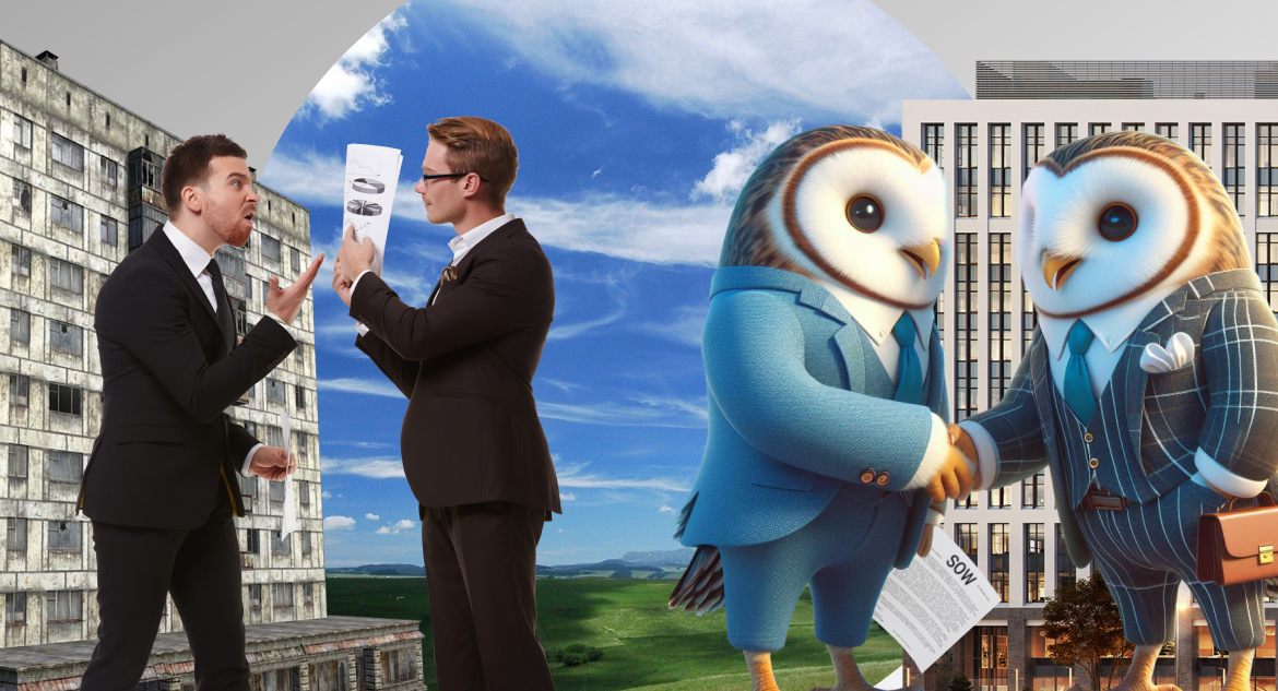 Two men arguing in front of abandoned office, two owls shaking hands in front of thriving office with SOW software development document lying in briefcase
