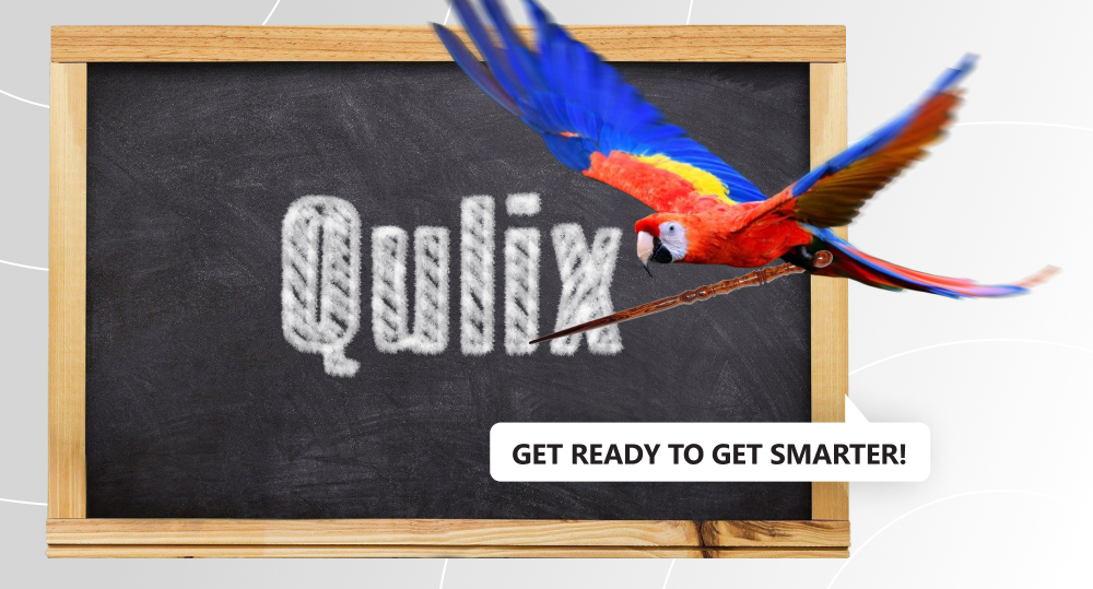 Parrot holds pointer and points at Qulix company logo on blackboard.