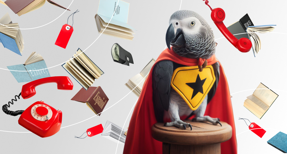 Parrot wears superhero cape and is surrounded by icons that represent ChatGPT API use cases.