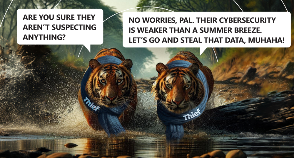 Two tigers in scarves are sneaking to steal data.