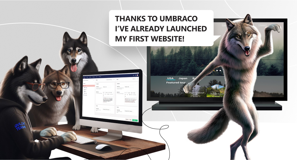 three wolves prohrammers build website with popular contennt management system umbraco while wolf client see website on screen and dance happily