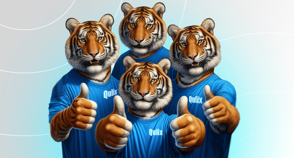 Four tigers in t-shirts with Qulix logo show thumbs up.