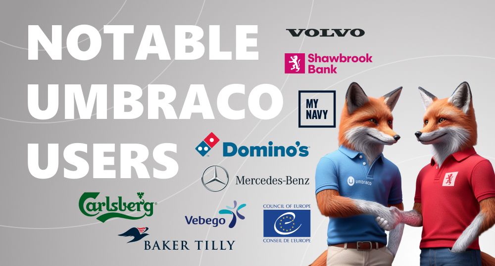 Infographics of notable Umbraco users with two foxes shaking hands