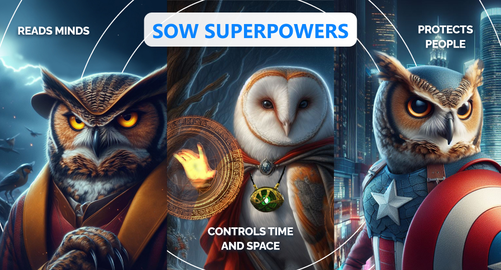 Three owls representing SOW's superpowers: ability to read minds, control time and space, and protect people