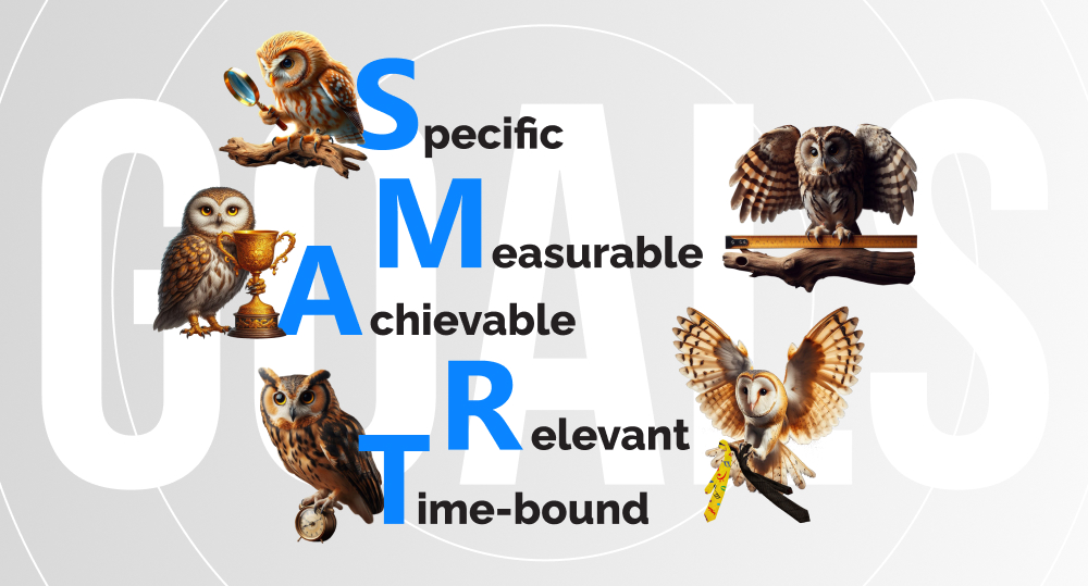 Infographics of SMART goals with owls with different equipment