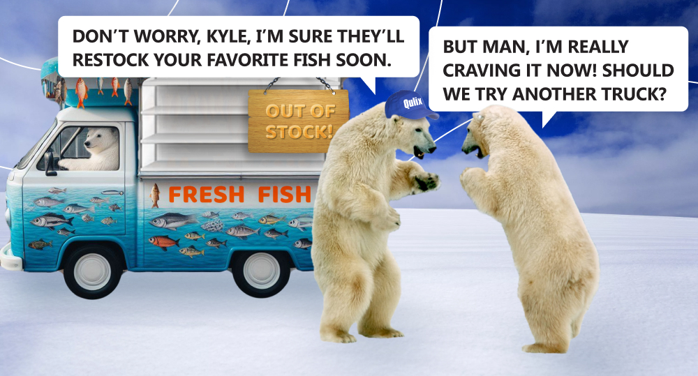 Two bears stand next to fish truck that has no stock left.
