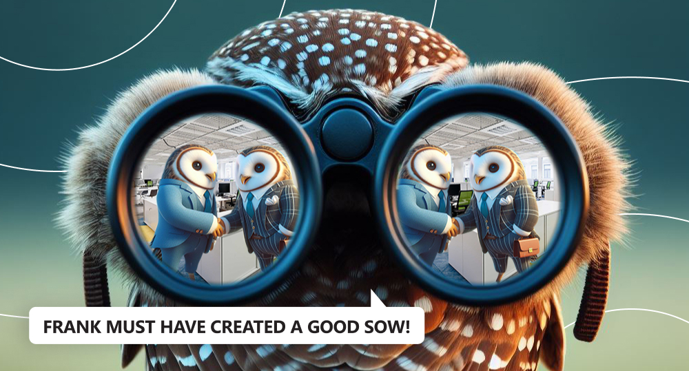 Owl looking through binoculars and seeing successful colleague who has created great SOW and shakes hands with another owl.