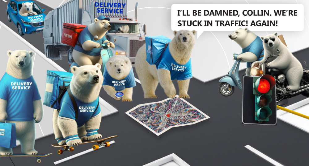 Bears that deliver goods are stuck in traffic.