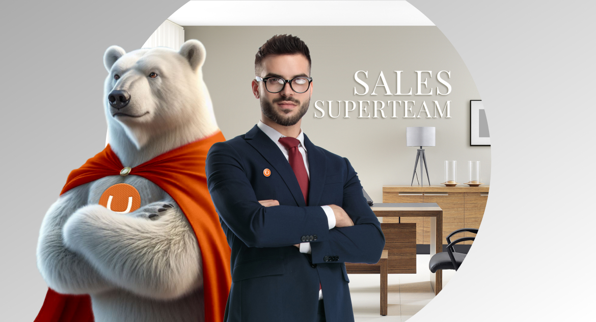 Businessman in suit standing with his back to back of polar bear wearing superhero suit, confident in success of his Umbraco eCommerce endeavor