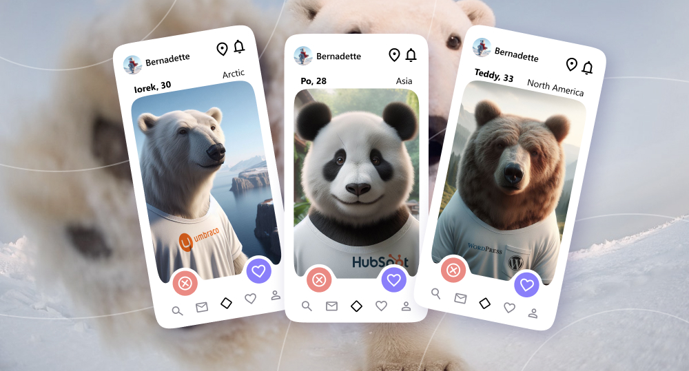 Three mobile screens with polar bear, panda, and brown bear illustrating Umbraco, HubSpot, and WordPress as CMS for eCommerce