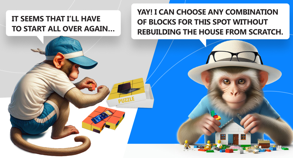 monkey in blue shorts white t shirt and blue cap solve cube jigsaw puzzle that resemble monolithic systems while monkey in white hat and glasses play with lego blocks that remind of microservices architetural style