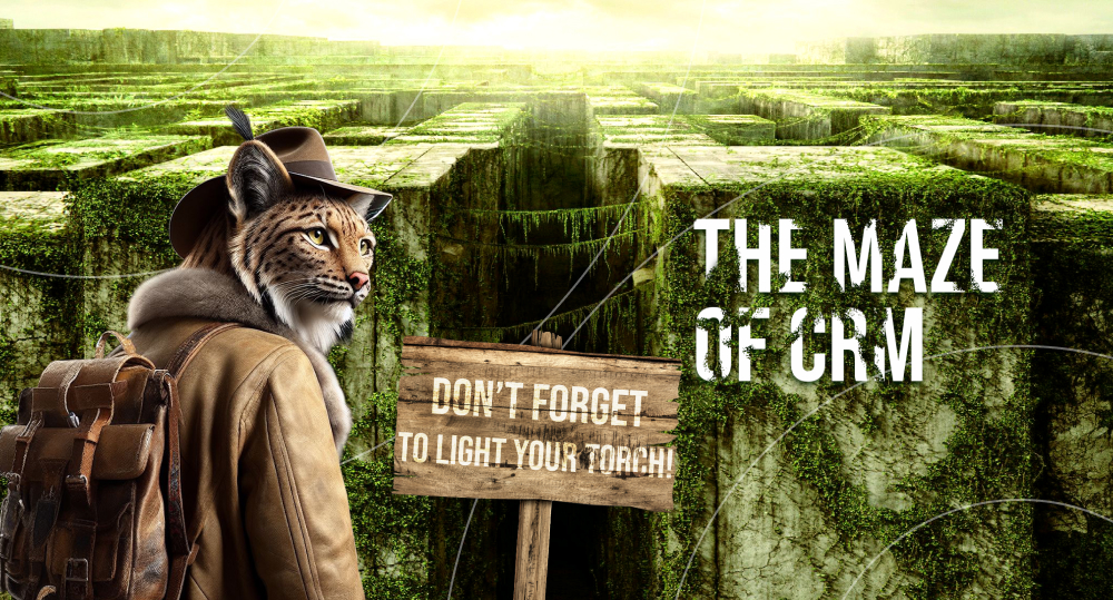 Bobcat getting ready to go through CRM maze, with sign hanging at its entrance saying "Don't forget to light your torch"