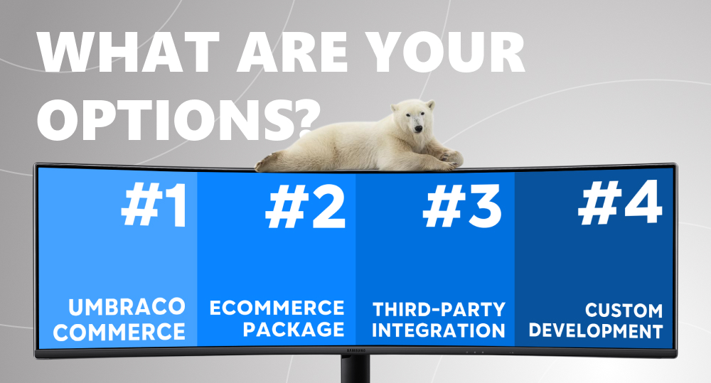 Infographics of Umbraco ecommerce options shown on display with polar bear lying on it