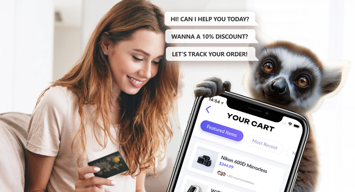 Woman trying to pay for her online purchases and a lemur chatbot for sales offering her assistance with navigating the online store