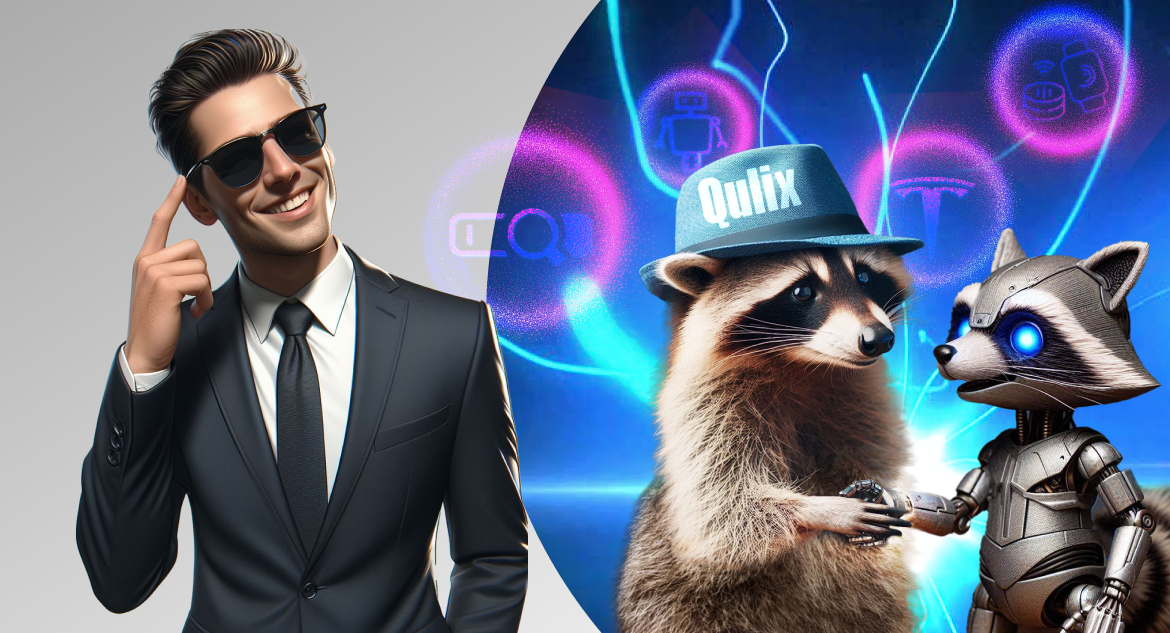 raccoon in blue panama hat and raccoon robot shake hands against digital background with icons of ai tools and discuss ai outsourcing while man in sunglasses and black suit smile at them and admire their savvy by raising his forefinger to forehead