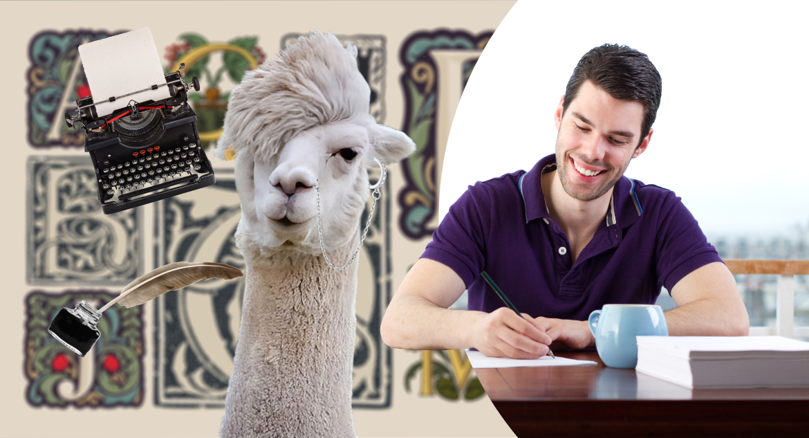 Lama and man contemplating how to create best AI prompts.
