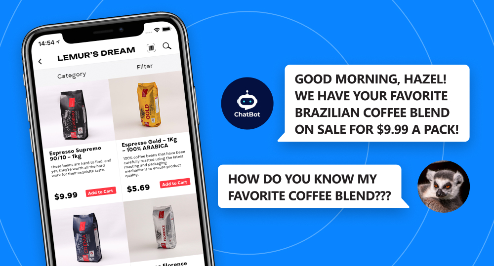Hazel chatting with a sales chatbot, chatbot offering to buy her favorite coffee blend