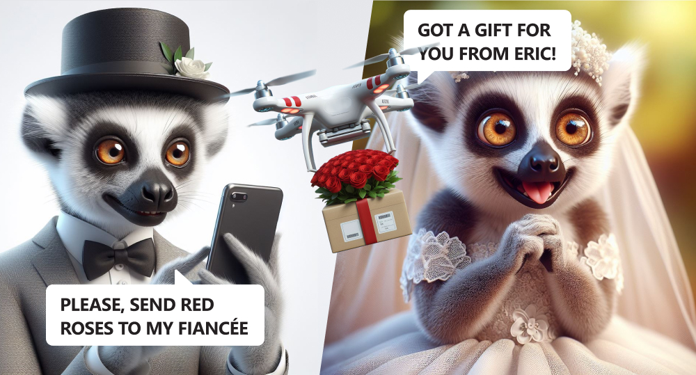 Lemur groom ordering delivery of red roses for his fiancée, smart drone delivering the flowers
