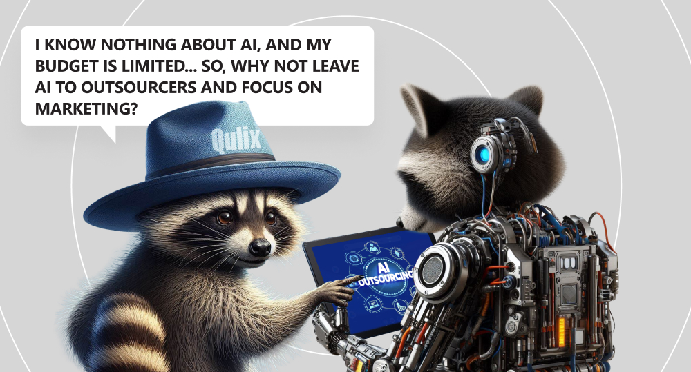 robot raccoon offer another raccoon in blue panama hat to outsource ai by showing tablet and raccoon understand benefits of ai and machine learning in business operations