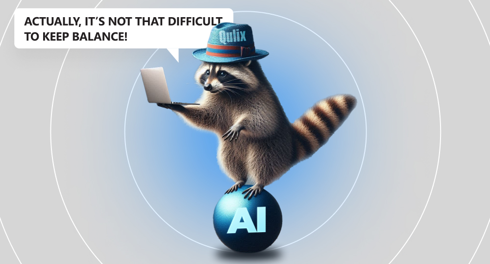 raccoon in blue panama hat hold laptop stand on ball and try to find balance when using artificial intelligence ai and machine learning ml
