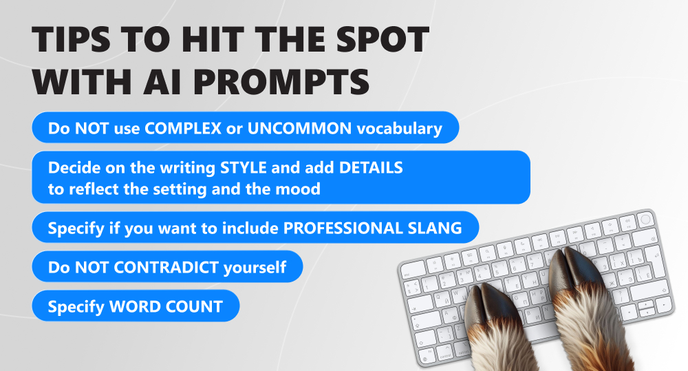 Infographics with tips for writing text prompts.