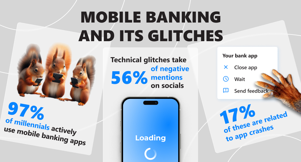 Infographics of mobile banking and its most widespread glitches with squirrels surfing their smartphones