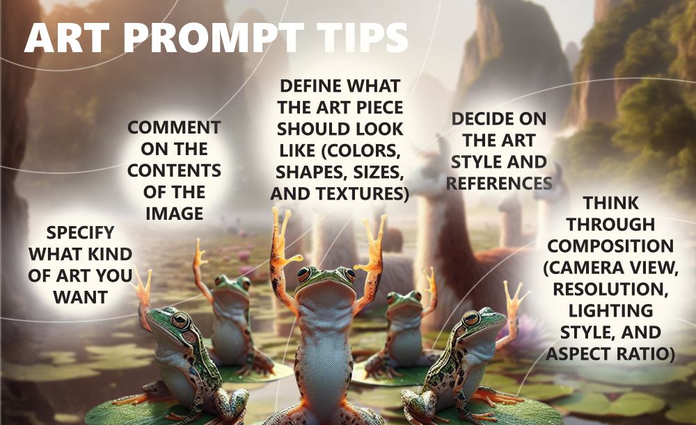 Infographics with tips for writing art prompts.