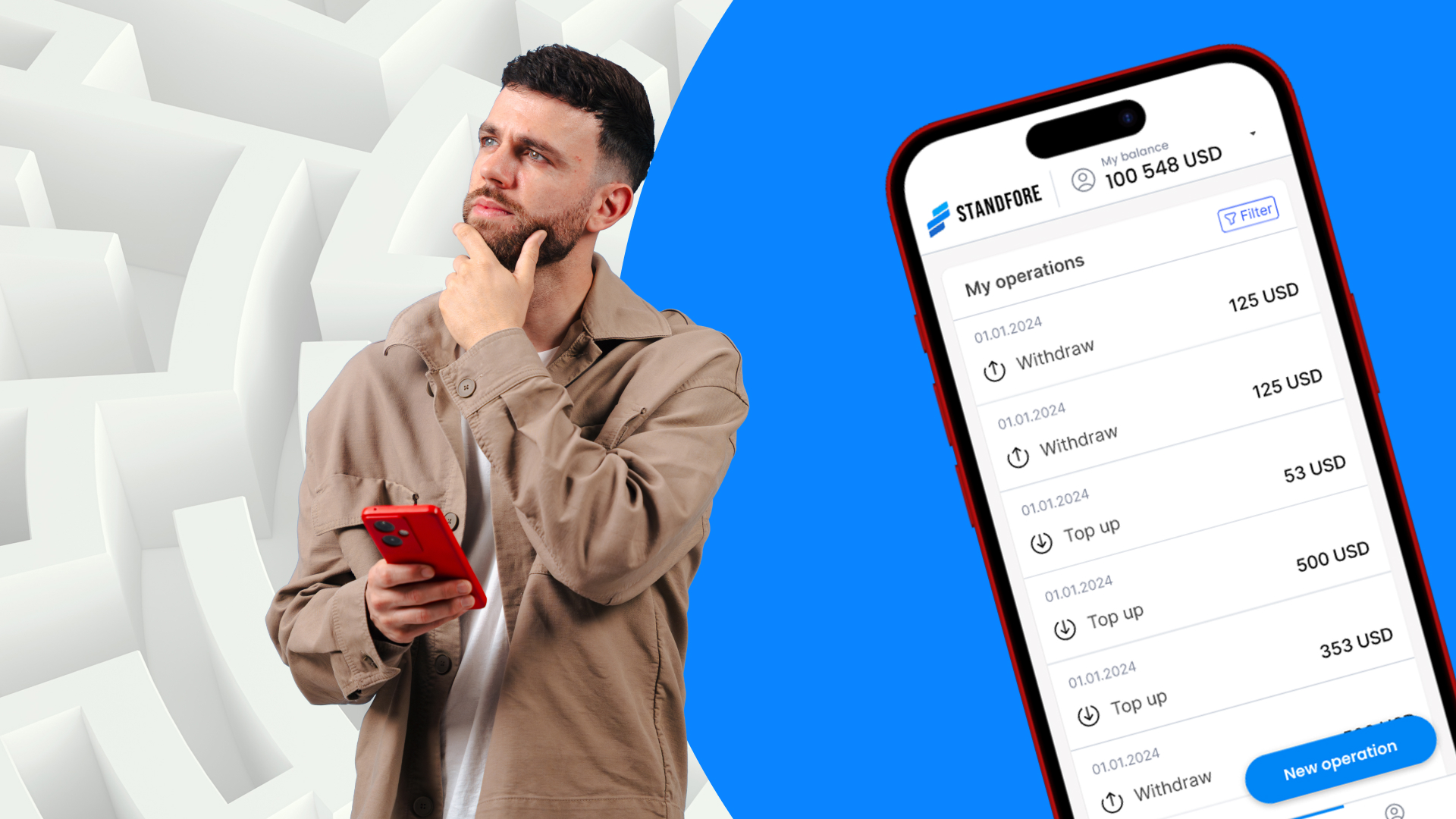 Picture features man deep in thought next to iPhone where eWallet by Qulix is open.