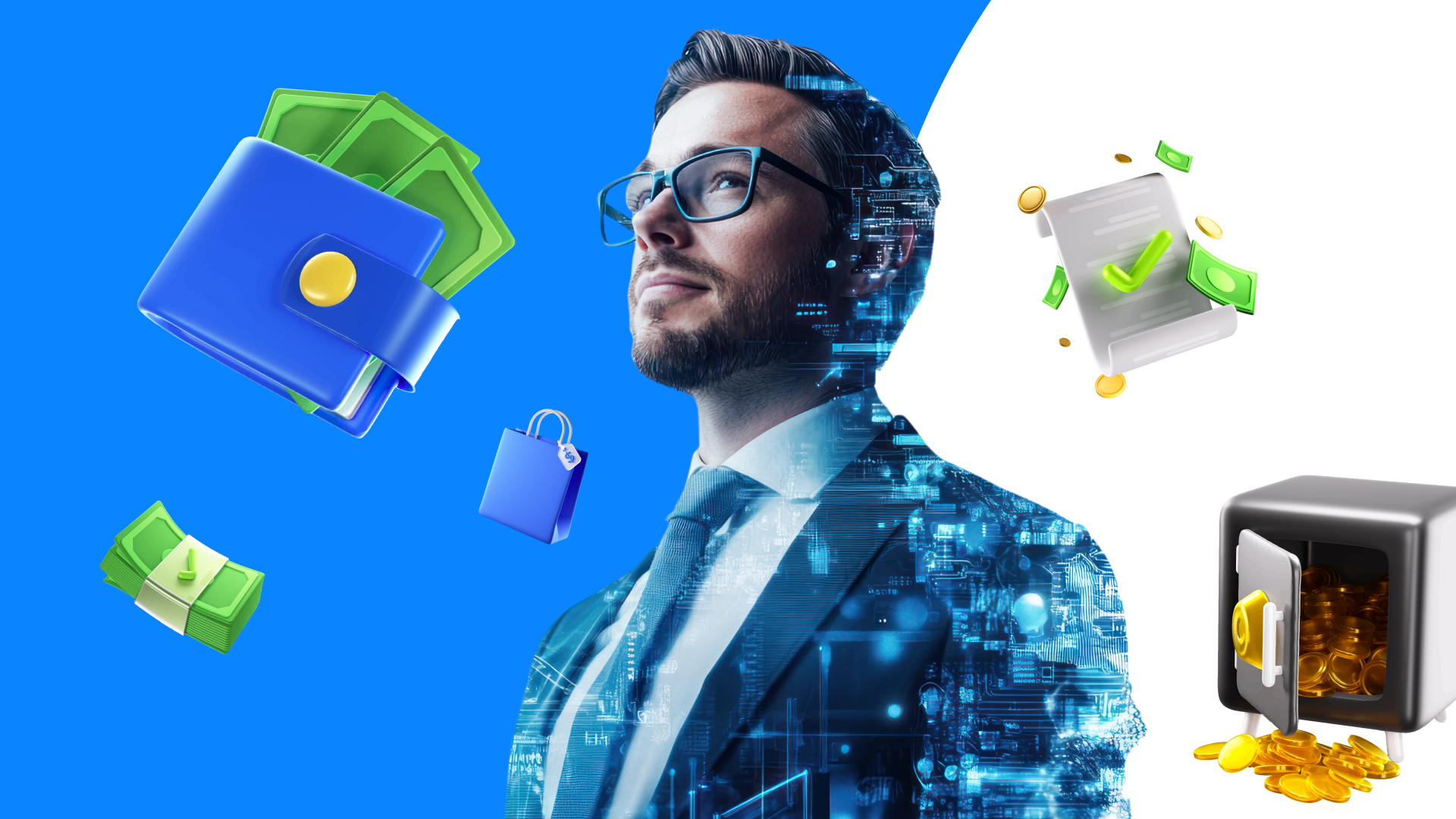 Picture features man in thought next to wallet and safe