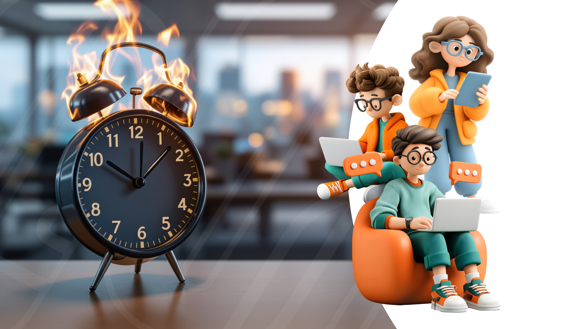 The picture shows a team working hard during a tight deadline